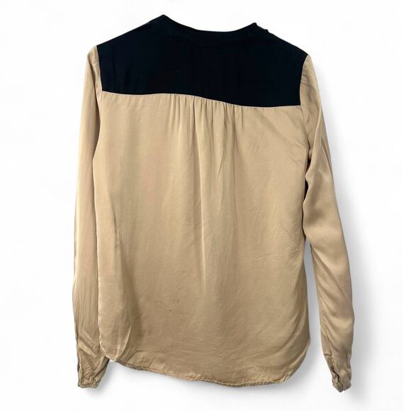 THEORY | M | Top Blouse Shirt Pure 100% Silk Tan Black Button Up Down Women - Picture 3 of 6